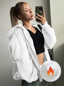 Women's Casual Basic Loose-Fitting Zipper Jacket, Long Sleeve Hooded Design with Drawstring & Pockets, Lightweight Plain Color Outerwear