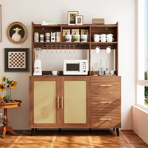 IRONCK 61"H× 47.2'' W Mid-century Style Kitchen Pantry Cabinet With Charging Station, LED Lights & Microwave Shelf, Rattan Pantry Cabinet With 14-bottle Wine Racks And Adjustable Shelves, Storage Cabinet For Kitchen And Dining Room