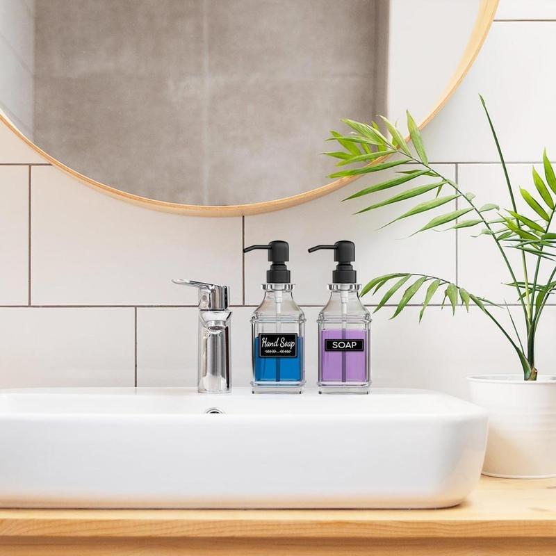 Soap Dispenser Set of 2, Antique Style Heavy Glass Soap Dispensers with Metal Tray, 304 Stainless Steel Black Pump (Rust Proof), 12Pcs Adhesive Labels for Kitchen Bathroom Bathroom Sink