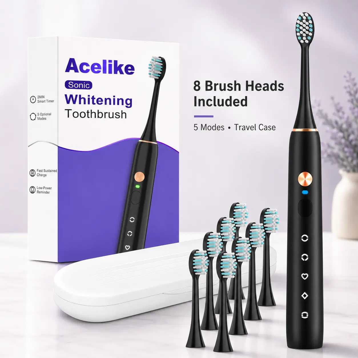8-Brush-Head Acelike Electric Toothbrush Kit, Rechargeable Sonic Toothbrush with 5 Modes, Brushing Timer and Travel Case