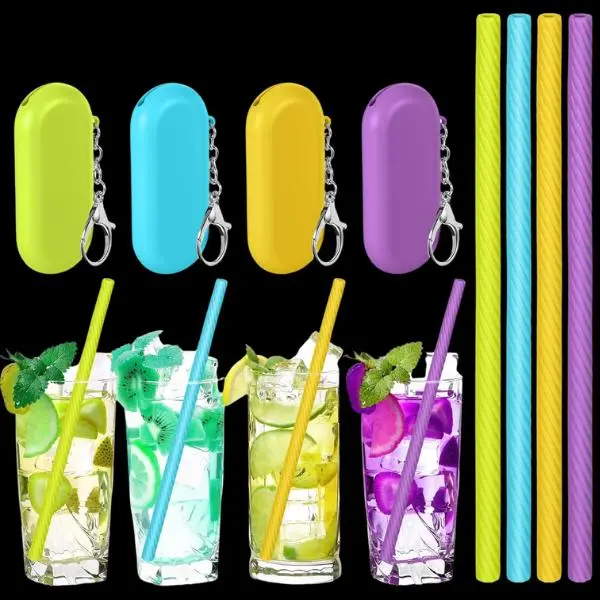 4 Sets Cruise Ship Essentials,4 Set Silicone Straws with Case Reusable Silicone Portable Drinking Straw Set for Party Travel Cold or Hot with 4 Carry Case, 4 Cleaning Brushes (Multicolor)