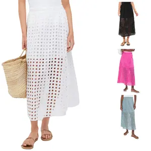 UANEO Summer Casual Long Skirt for Women Cotton Eyelet Beach Maxi Skirt with Underneath