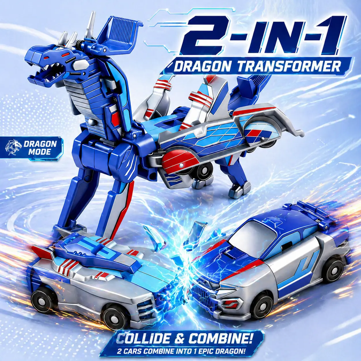 2 in 1 Transforming Robot Car Toy, Collision Deformable Dragon Robot & Sports Car Set, Automatic Transform Vehicle Toy for Kids Boys Girls Gift