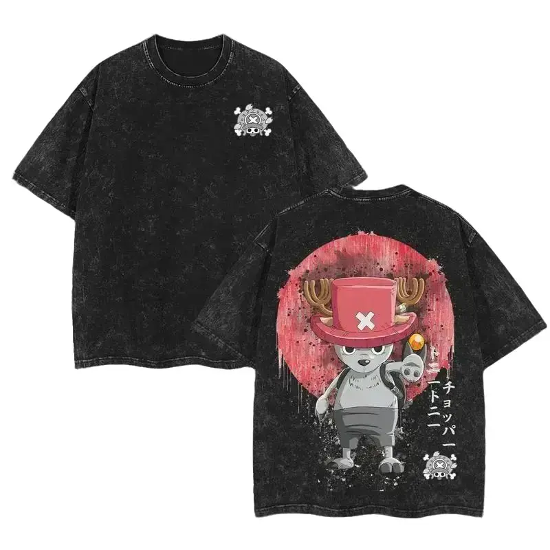 Tony Tony Chopper 1 Piece Vintage Washed Graphic Tee - Men's Heavyweight Cotton Oversized Short-Sleeve Round Neck Breathable Everyday Top, Machine-Washable Summer Casual Japanese Streetwear 2D Anime Y2K Gamer Fandom Apparel Gift