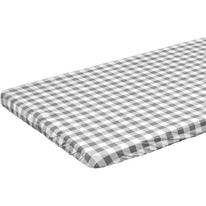 6ft Rectangle Elastic Fitted Tablecloth,  Spill-Proof Edged Vinyl Table Cover Gray Checkered Printed with Flannel Baking, Easy to Wipe Off Stains, Picnic Party Outdoor Patio