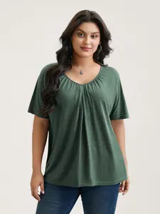 BLOOMCHIC Plus-Size Minimalist Pleated Shortsleeve Knit Blouse - Spandex Fabric, Arm Freedom Design, 1x-6x Sizes, 2026 Summer Lady Pick (Easter Haul, Mother's Day Option) 2026 Summer Vibes Fit Women Swimweek