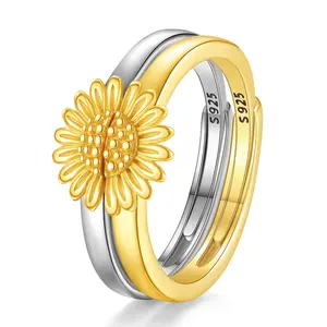 Eudora 925 Sterling Silver Sunflower Couple Rings 18K Gold Plated Adjustable Open Band Matching Flower Jewelry Set for Lovers Wedding Gift