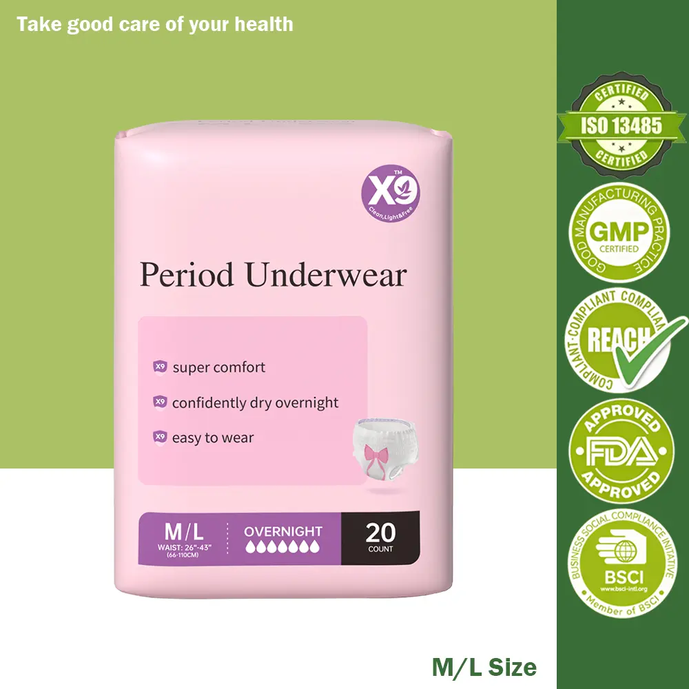X9 Menstrual Underwear for Women, High Absorbency Leak-proof Period Panties for All Flow Strengths, Unscented Chlorine-Free, Snug Fit Elastic, Size M-L, 20-Count Multi-pack with Polyethylene Core