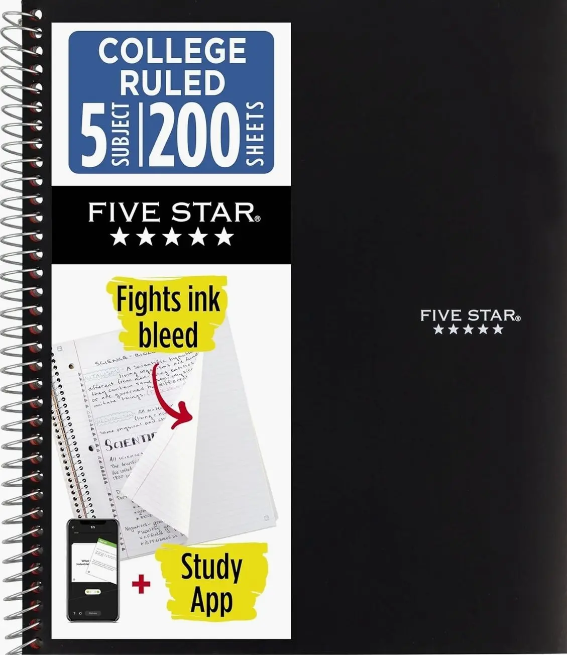 Five Star Spiral Notebook + Study App, 5 Subject, College Ruled Paper, 8-1/2" x 11", 200 Sheets, Fights Ink Bleed, Water Resistant Cover, Black (72081)