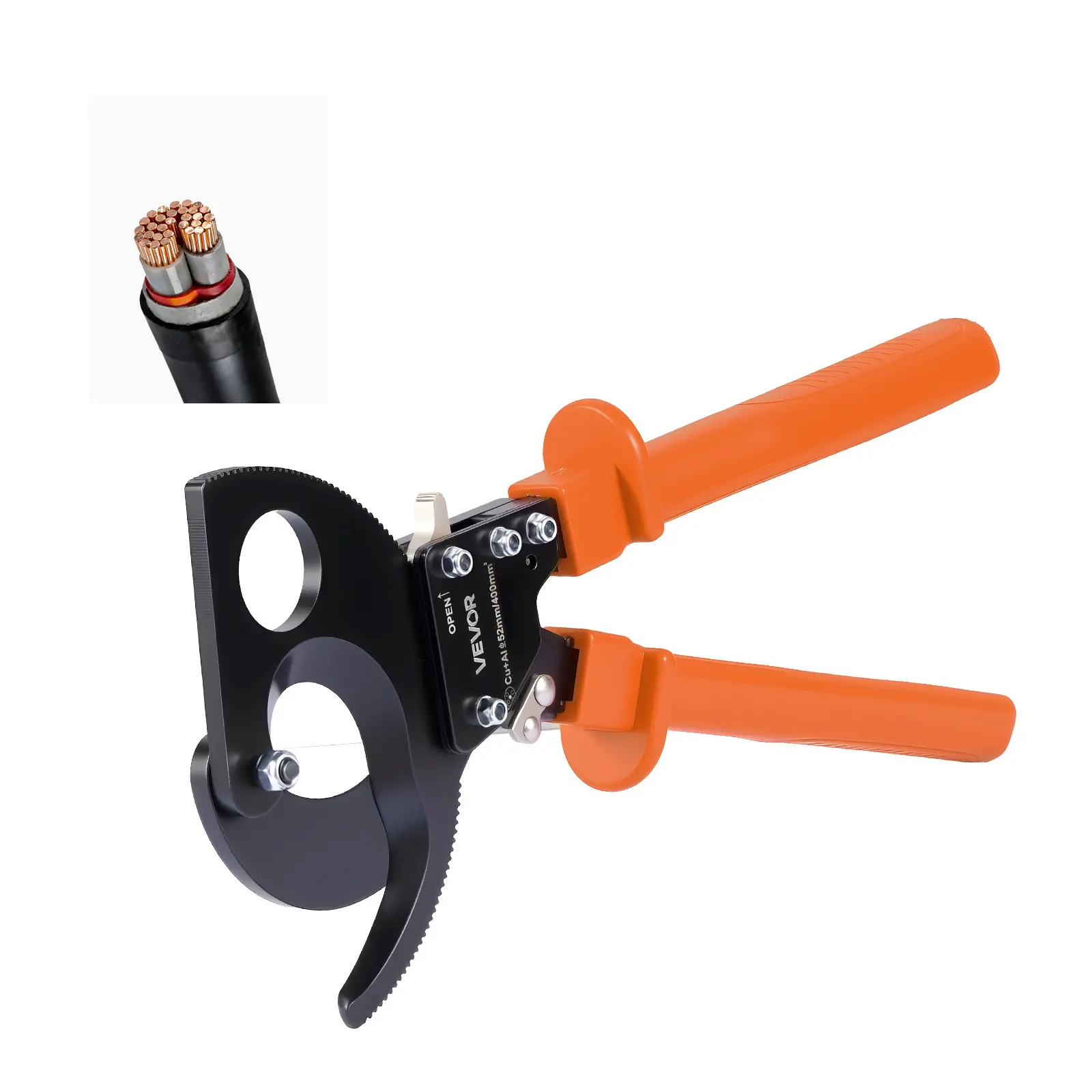 【summerfinds】VEVOR Ratcheting Cable Cutter, Spring Steel Blades with PVC-Coated Handles, Quick-Release Button, Heavy Duty Ratchet Cable Wire Cutter for Cutting Copper & Aluminum Cables Up to 800 MCM / 400 mm²