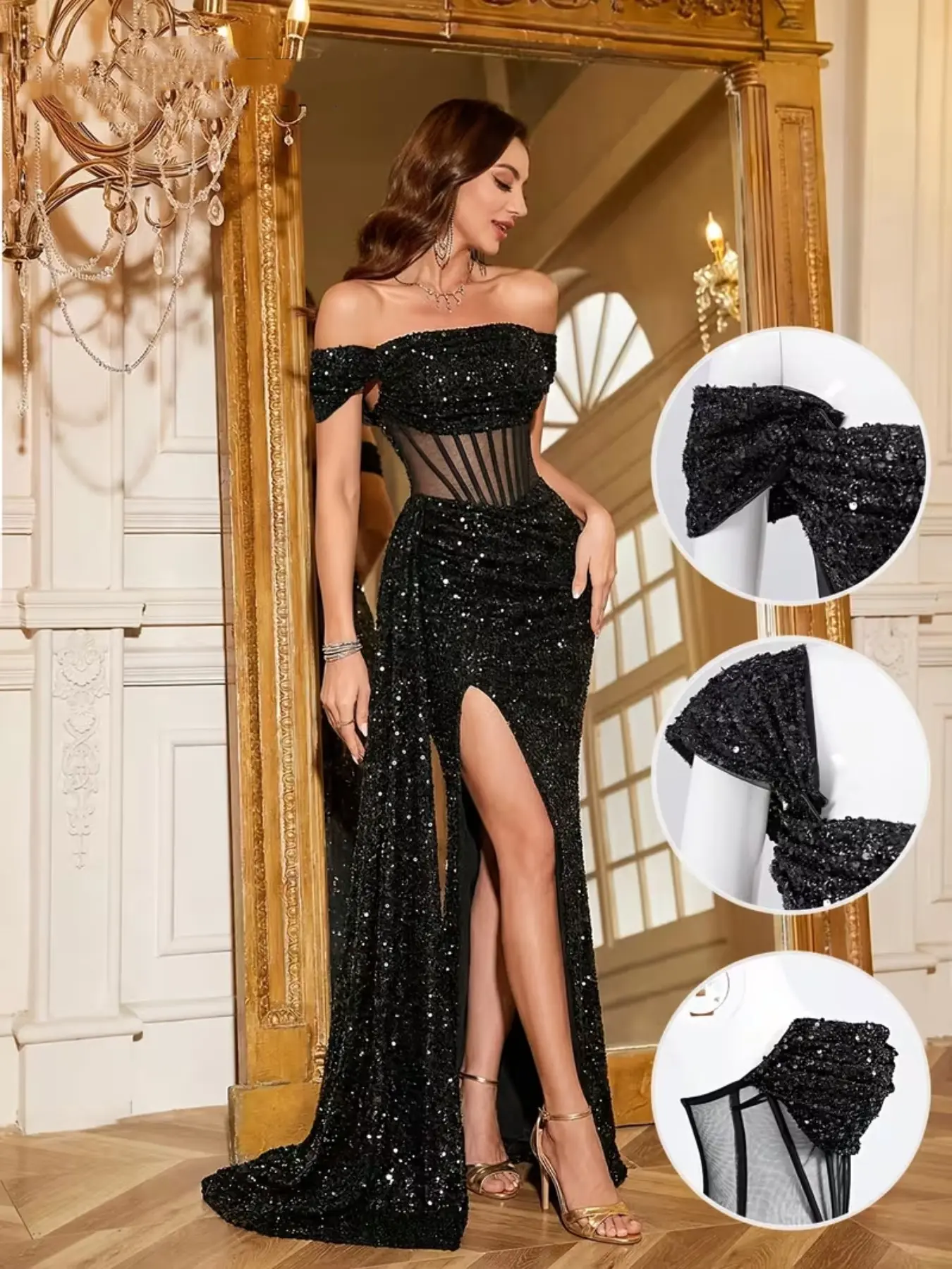 Elegant One-Shoulder Maxi Dress, Detachable Sleeves, High Split Mermaid Gown, Evening Gowns, Sequin Decoration, Perfect for Weddings, Parties, Formal Events