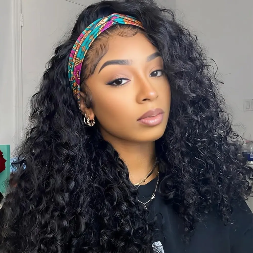 Bling Hair Headband Wig Deep Wave Human Hair Wigs for Black Women Glueless None Lace Front Wigs Beginner Friendly