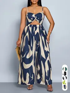 Summer Women's Fashion Vacation Party Lightweight Jumpsuit, Thin Strap Sleeveless High Waist All over Print Straight Leg, Plus Size Casual Elegant Ladies' Romper Womenswear