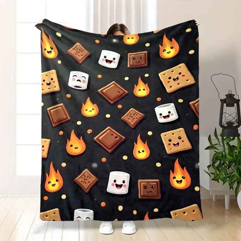 Cute Smores Flannel Throw Blanket with Smiling Marshmallow, Chocolate, Graham Cracker and Campfire Print, Soft Cozy Lightweight Fleece Blanket for Couch, Bed, Sofa and Travel, Fun Camping Home Decor Gift for Kids, Teens, Adults and Dessert Lovers