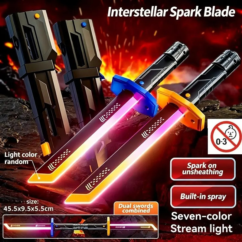 Spray Light Saber Sparkblade Samurai LED Firelight Saber Toy, Light Up Sword Saber, Cyberpunk Blade with Sound, Sparks, Smoke Effects, Seven Color Glow, USB-C Rechargeable