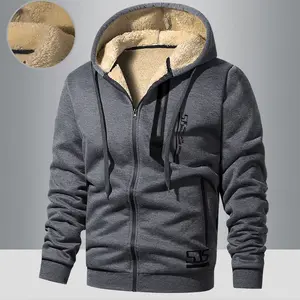 Men's Winter Fleece Lined Warm Hooded Jacket - Super Thick Windproof Zip Up Sports Sweatshirt with Pockets, Gray, Long Sleeve, Polyester, Casual Wear for Extreme Cold Weather, Autumn and Winter trucker coat