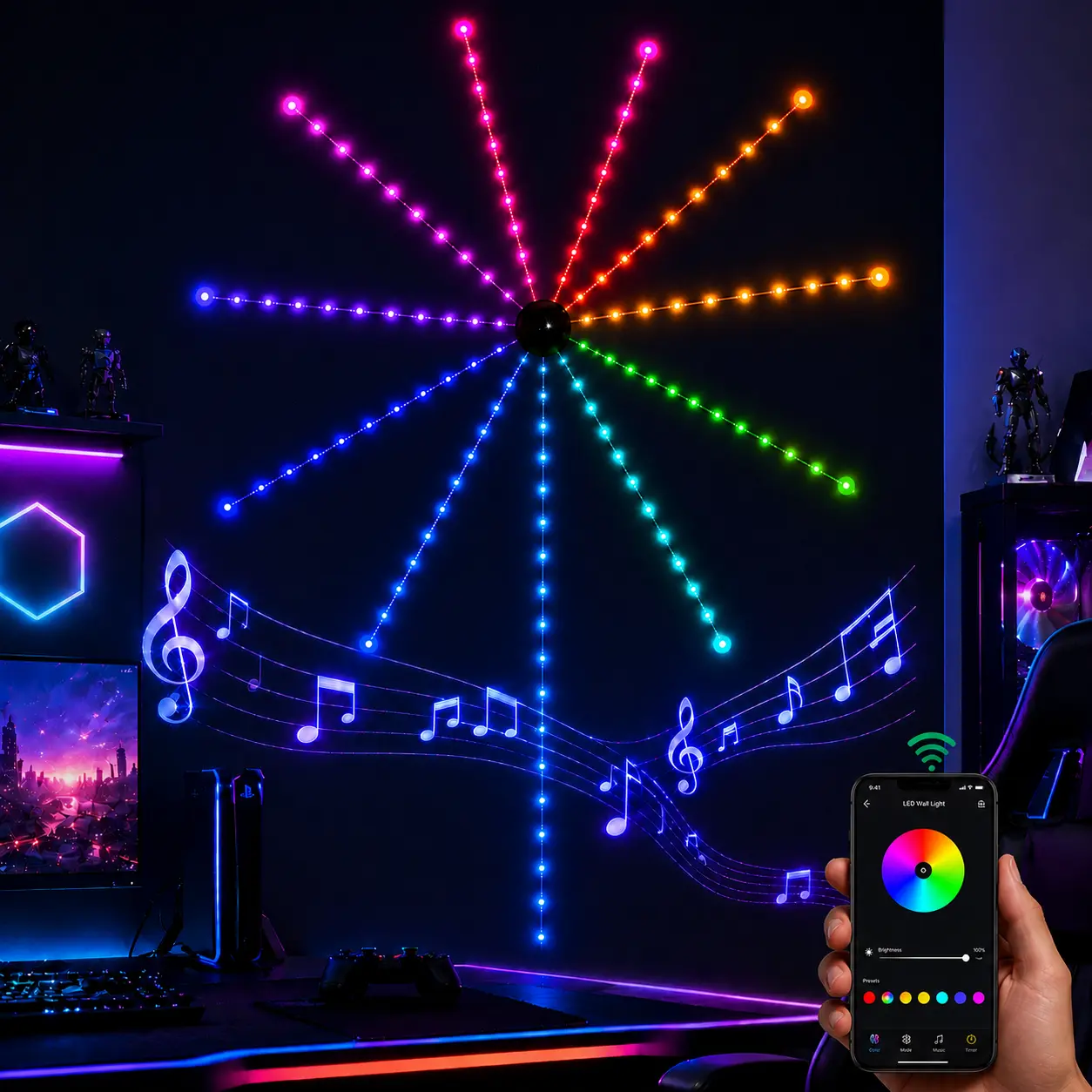 RGB Fireworks LED Strip Lights - Led Multicolor, DIY Shapeable Wall Decor, Music Sync, App Control, 16M Colors, USB Powered Ambient Lighting for Gaming Room, Bedroom, Party Lighting Decoration