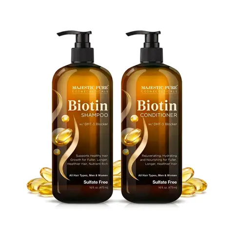 Majestic Pure Biotin Shampoo & Conditioner Set - 16 fl oz Each Pack of 2, Gentle Daily Haircare Cleanser Duo, Sulfate-Free, Hydrating, Rosemary Extract Shampoo, Castor Oil & Shea Butter Conditioner, Volumizing for All Hair Types, Men & Women