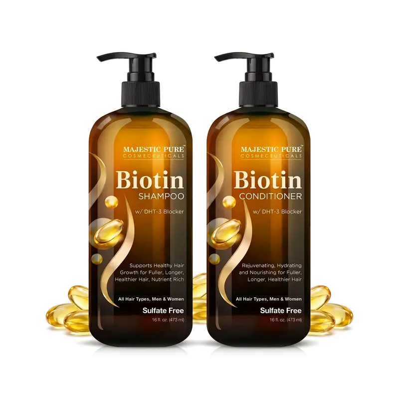 Majestic Pure Biotin Shampoo & Conditioner Set - 16 fl oz Each Pack of 2, Gentle Daily Haircare Cleanser Duo, Sulfate-Free, Hydrating, Rosemary Extract Shampoo, Castor Oil & Shea Butter Conditioner, Volumizing for All Hair Types, Men & Women