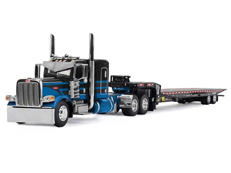 Peterbilt Model 389 w/ Flat Top Sleeper - Blue and Black Hauling Landoll 440B-50CA Traveling Axle Trailer Diecast 1:64 Scale Model - DCP 60-2190