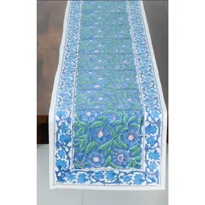 Blue and green 100% cotton block printed table runner