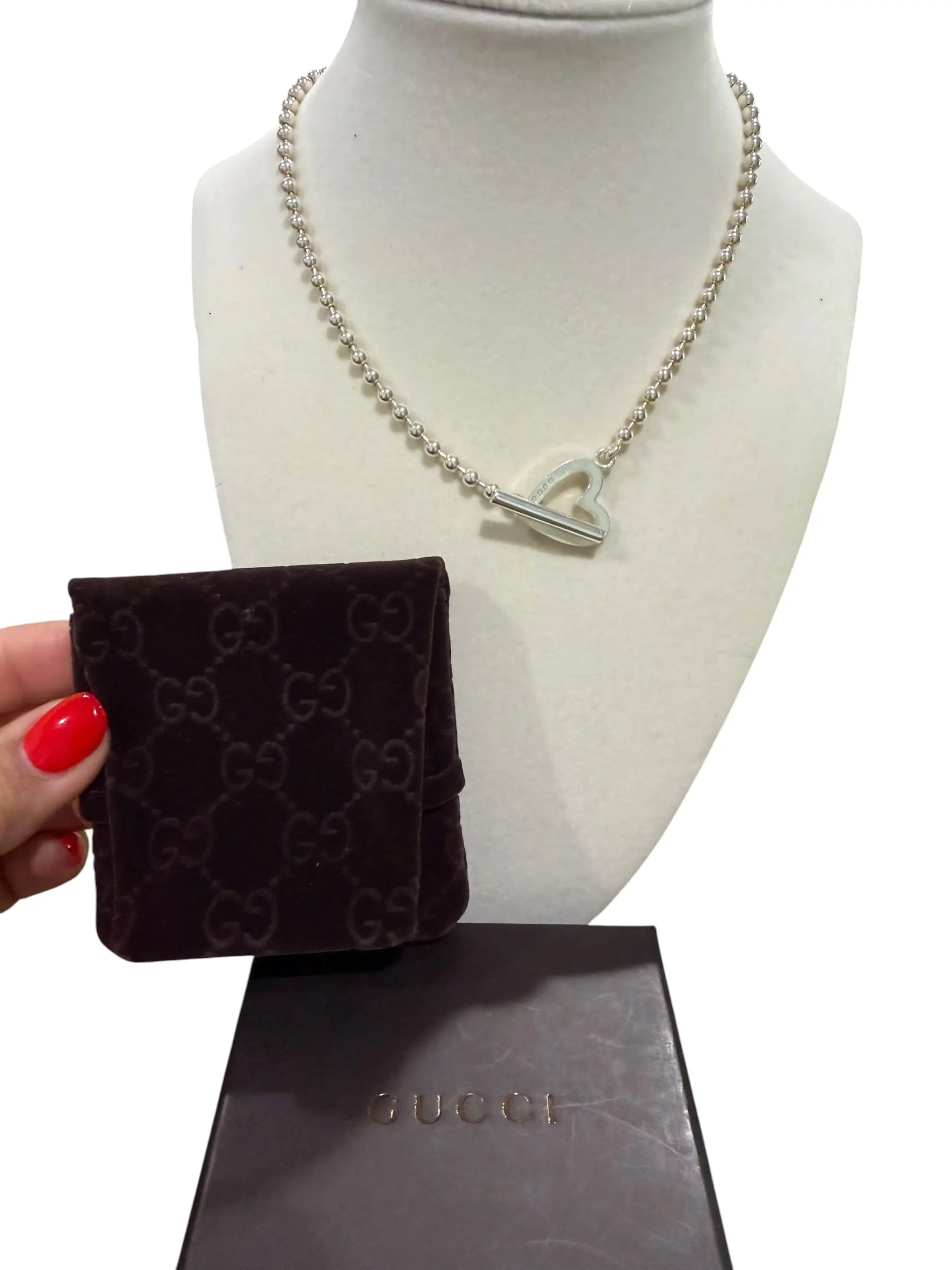 Pre-owned Gucci Interlocking Heart Ballchain Silver Necklace Full Set Perfect for Daily Use