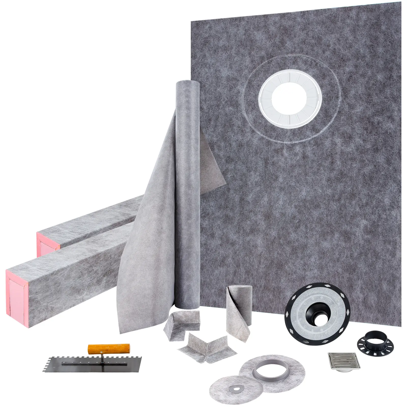 【summerfinds】VEVOR Shower Curb Kit 38\" x 60\" Watertight Shower Curb Overlay with 4\" PVC Offset Bonding Flange, 4\" Stainless Steel Grate, 2 Cuttable Shower Curb and Trowel, Shower Pan Slope Sticks Fit for Bathr