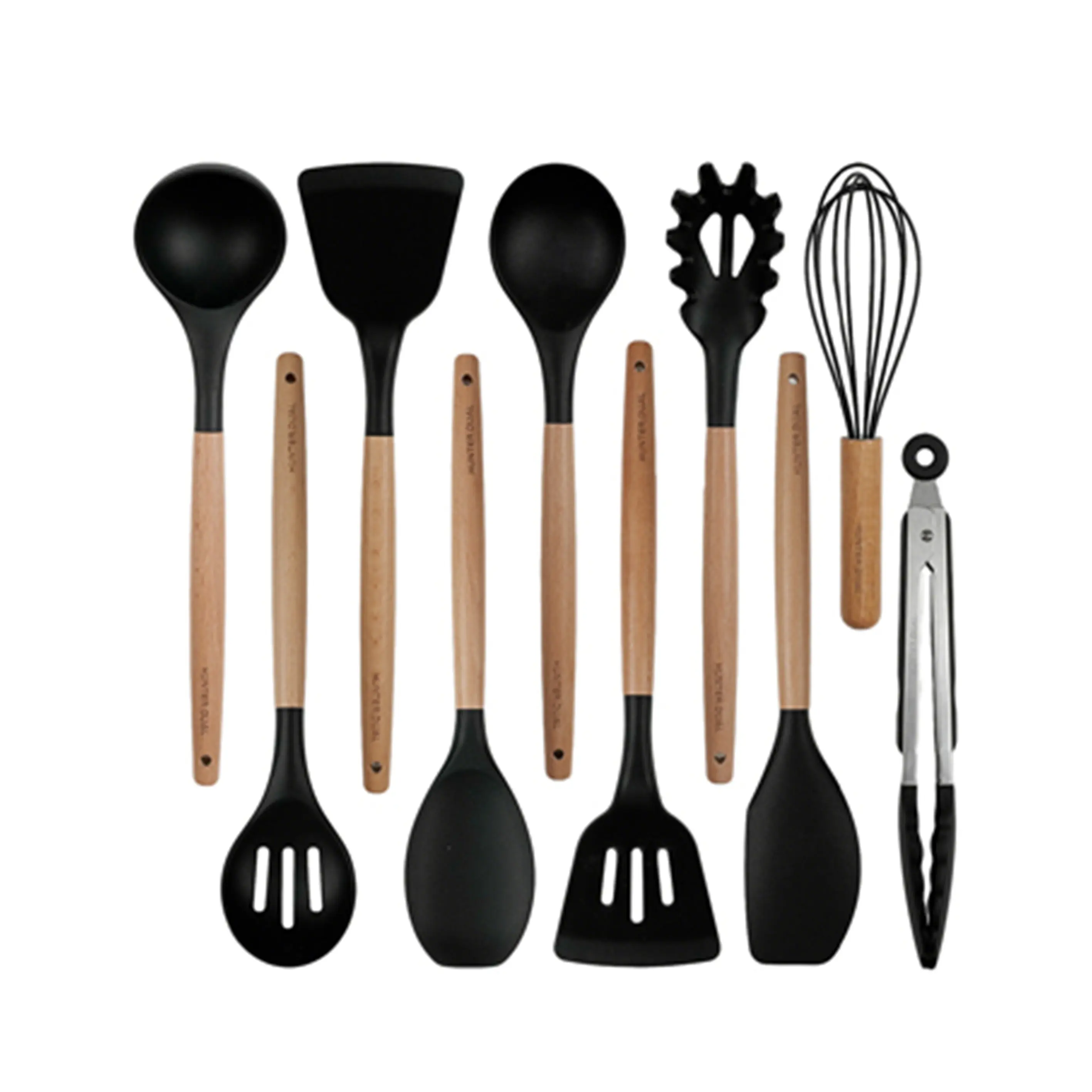 NULAS Silicone Cooking Utensils Set 10 Pcs - BPA Free Kitchen Utensil Set with Heat-Resistant Wood Handles, Non-Scratch Spatula Set Safe for Nonstick Cookware (Black)