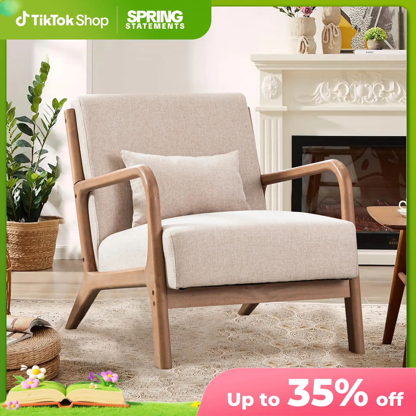 EBELLO Midcentury Modern Ergonomic Upholstered Linen-Look Accent Armchair - Flared Arms, Pillow, Solid Wood Frame, Supportive Seat, 26x32x29in, Muscle Fatigue Relief, Clean Aesthetic for Small Room Living Room (Beige)