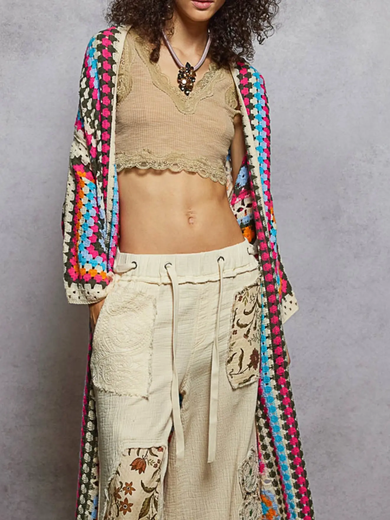 Women's Knitwear Fabric Bohemian Granny Square Long Maxi Open Cardigan Duster with Fit Sleeves