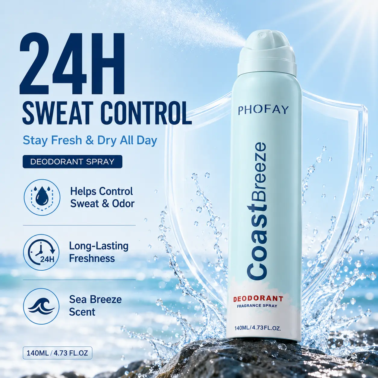 Men's CoastBreeze All-Over Deodorant Spray - Body Care, 24H Sweat & Odor Protection, Sea Breeze Fresh Scent, Persimmon & Natural Plant Extracts, Non-Staining