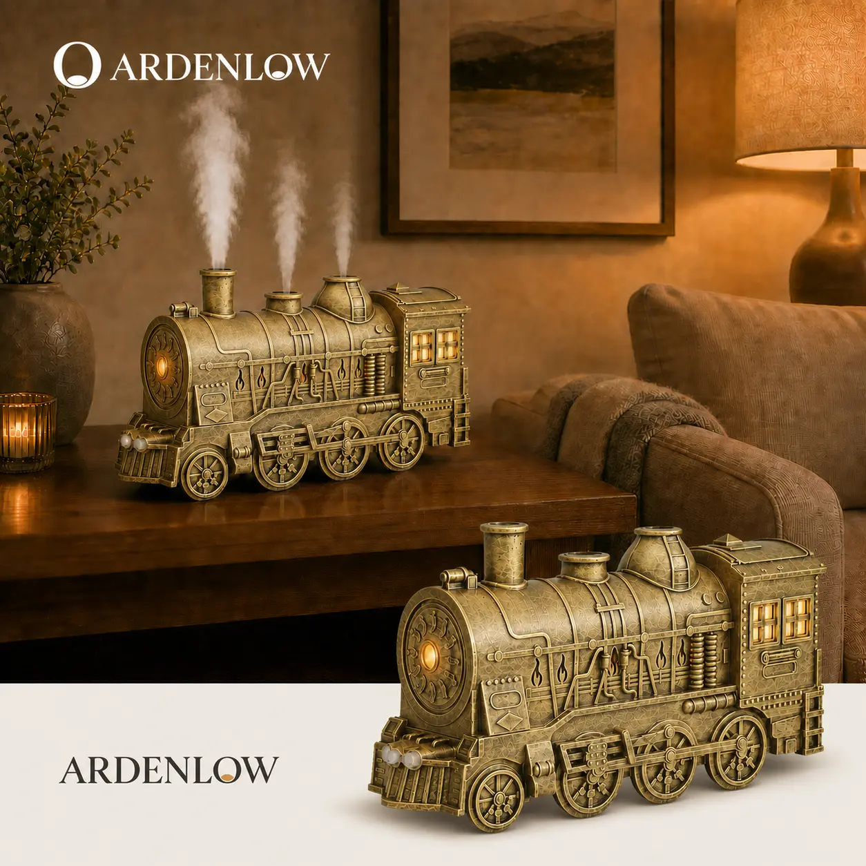 ARDENLOW Vintage Steam Train Aroma Essential Oil Diffuser & Humidifier with Remote Control, 2-Color LED Light, 2 Mist Modes, US Plug, Christmas Gift for Home Decor