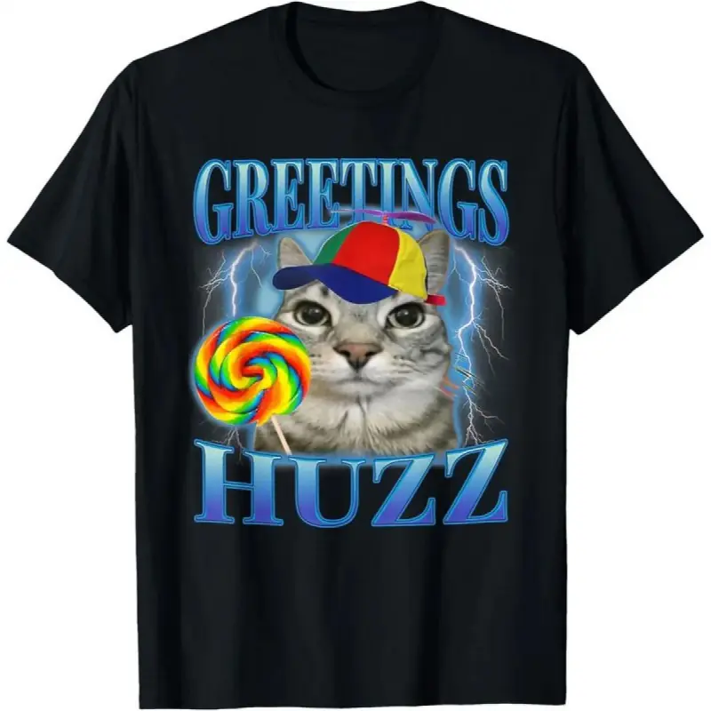 😹  [New Year Gift] Lollipop Cat Meme "Greetings Huzz" T-Shirt – Funny Silly Cats Brainrot Graphic Tee, Unisex Casual Streetwear, Soft Comfortable Short Sleeve, Perfect for Men, Women & Kids, Daily Wear, Meme Lovers Gift