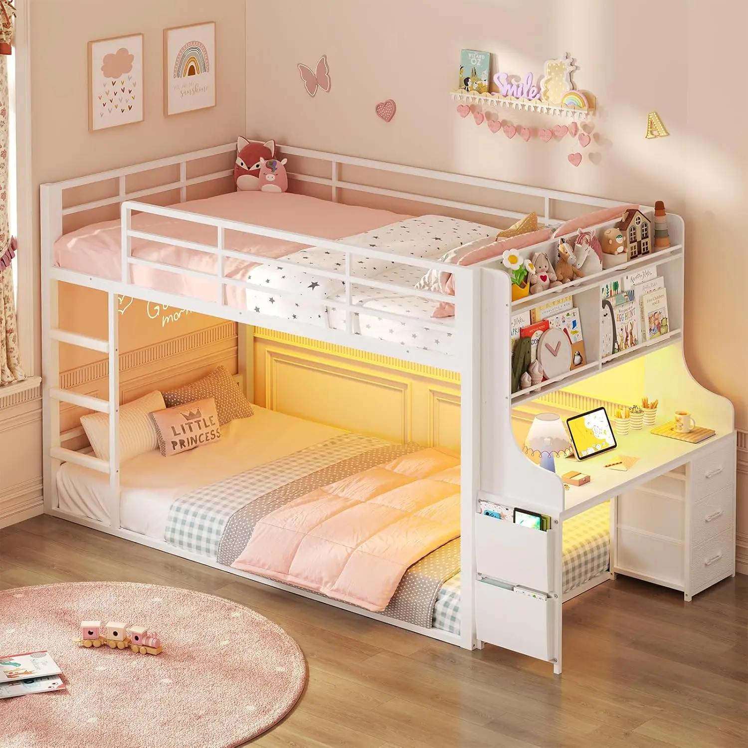 ADORNEVE Low Bunk Bed Twin Size with Desk, Bookshelf & 3 Storage Drawers, Metal Floor Bunk Bed Twin Over Twin with RGB Lights & Charging Station, Safety Guardrail & Ladder, Small Space Sturdy Bed Frame Bed Frame Combo,dorm essentials,home decor