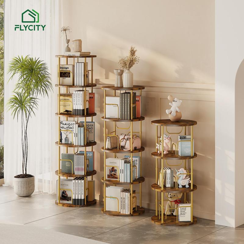 Flycity Rotating Bookshelf 3-5 Tier Spinning Bookshelf Tower 360° Display Unique Round Bookcase for Home Study and Office Organization Furniture Stand