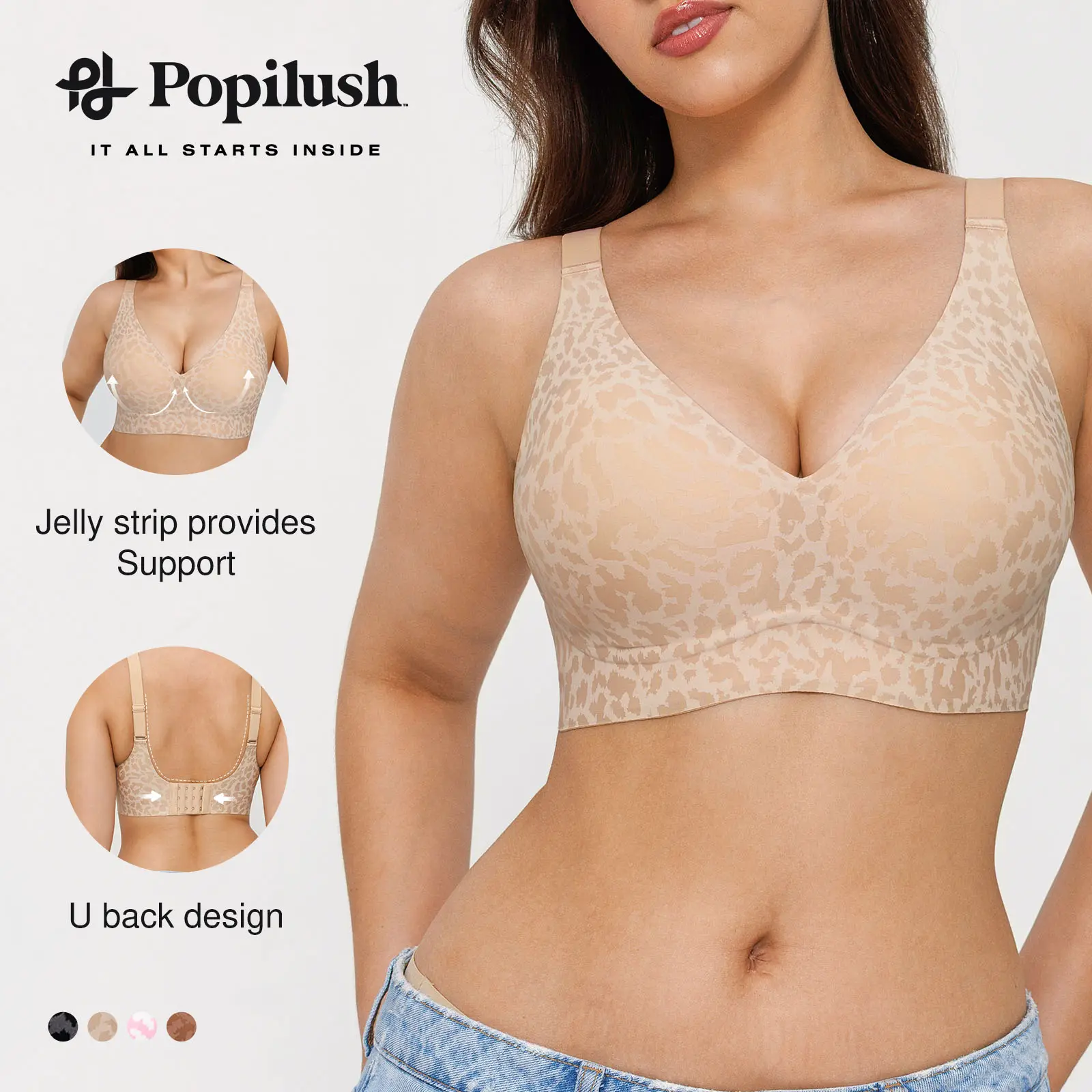 Popilush Cooling Bra Seamless Wireless Jelly Bra Leopard Print - Adjustable Strapless Sexy V-neck Molded Cup, Ultra Comfort & Strong Support Women