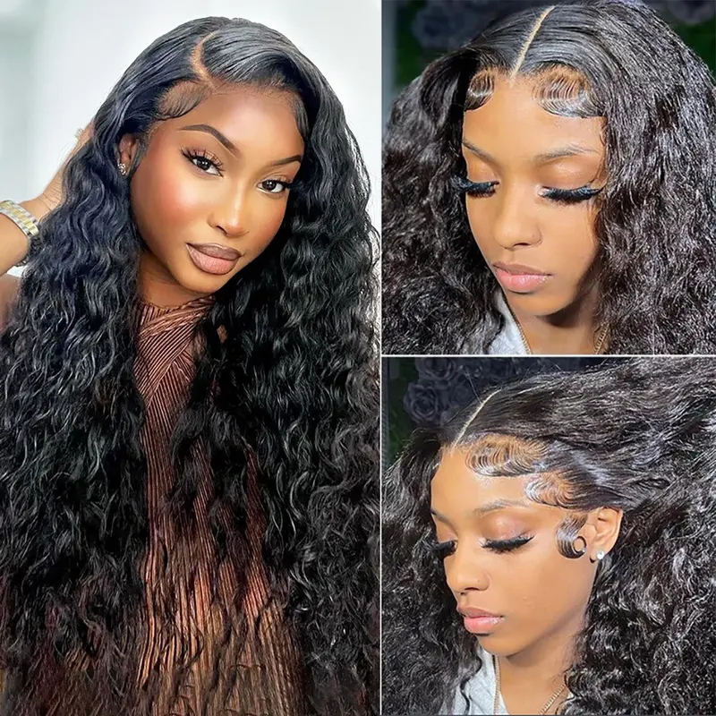 250% Density Deep Wave 13x6 HD Glueless Lace Front Human Hair Wig with Drawstring Brazilian Curly Wigs Human Hair For Women Pre Plucked Wet and Wavy Lace Frontal Wig 250% Density summerwins Elastic Band No Tangle