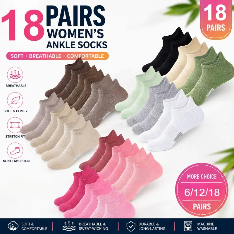 6/12/18 Pairs Women’s Ankle Socks – Breathable Cotton No Show Socks, Soft & Stretchy Low Cut Athletic Socks, Moisture Wicking Casual Sports Socks for Running, Gym, Everyday Wear (6/12/18 Pack Options)