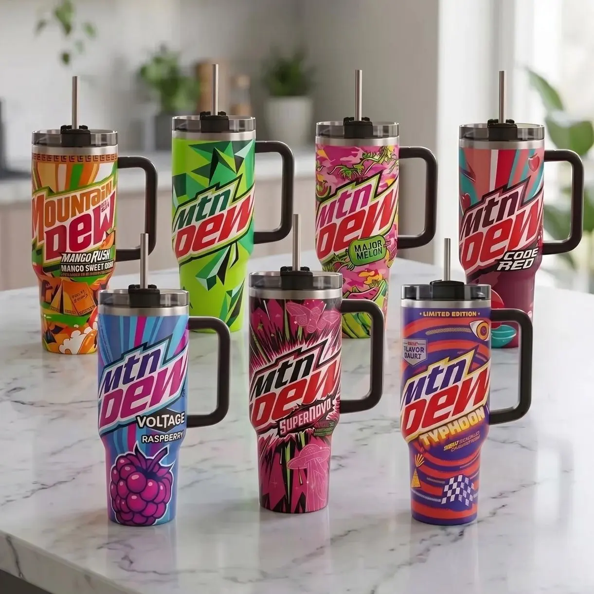 Mtn Dew 40oz Tumbler With Handle, Colorful Soda Flavor Graphic Insulated Stainless Steel Travel Cup With Straw