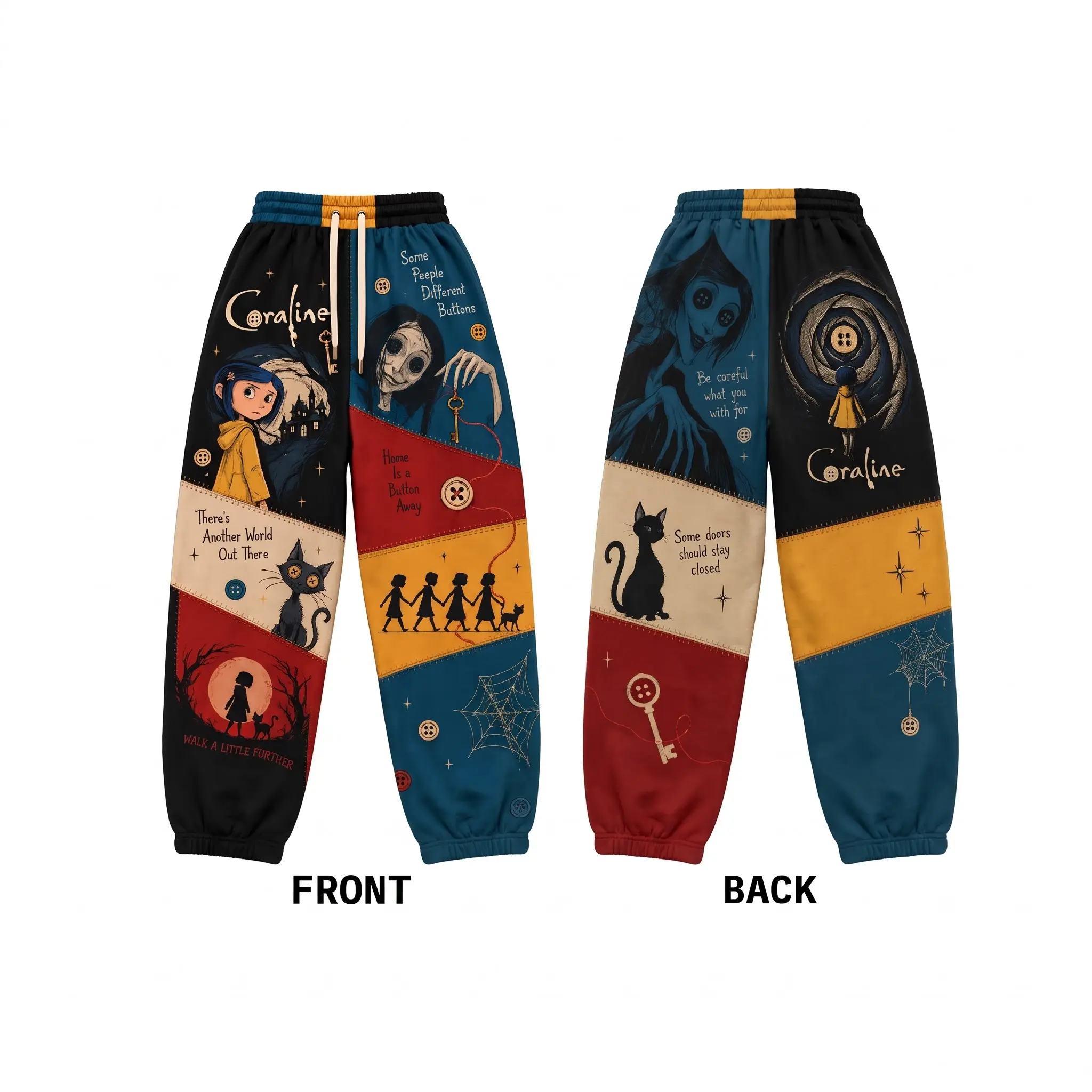 Button Inspired Graphic Sweatpants, Horror Patchwork Wide Leg Jogger Pants, Gothic Cartoon Lounge Pants, Unisex Streetwear