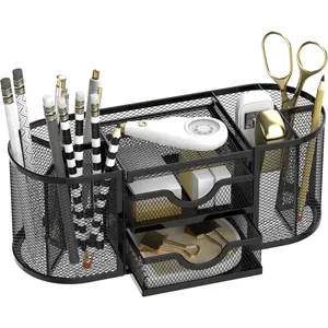Mesh Desk Organizer, Desk Organizers and Accessories, Pen Holder with Drawers, Pencil Holder for Desk with 2 Drawer for Office Supplies, Black