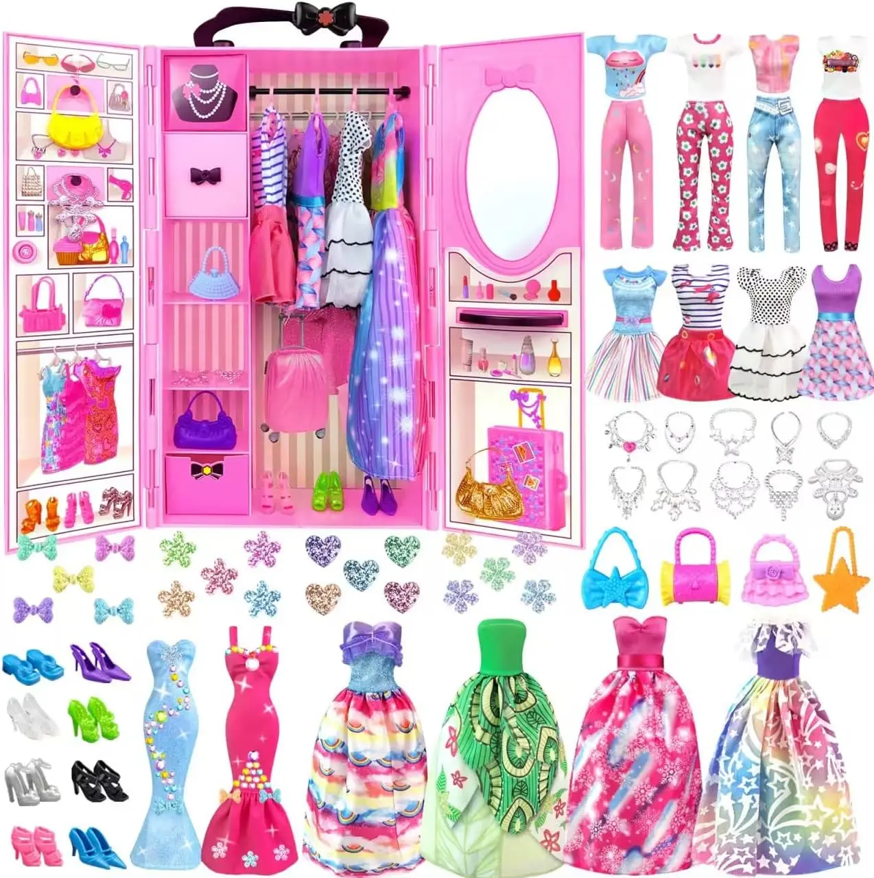 Easter Gift 92PCS Doll Clothes & Accessories Set with Closet for 11.5-Inch Dolls Wedding Dress, Fashion Outfits, Tops, Pants, Shoes, Hangers & Bags