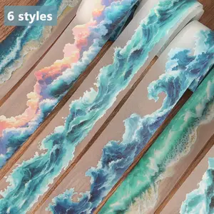 1roll PET Ocean Waves Self-adhesive Decorative Tape, Diy Decal Film, Ocean Stickers, with Flash Sand Craftsmanship, Landscape Creation Decals, Ocean Wave Design, Versatile Usage, for Scrapbooking Supplies, Collage Decoration, Junk Journals