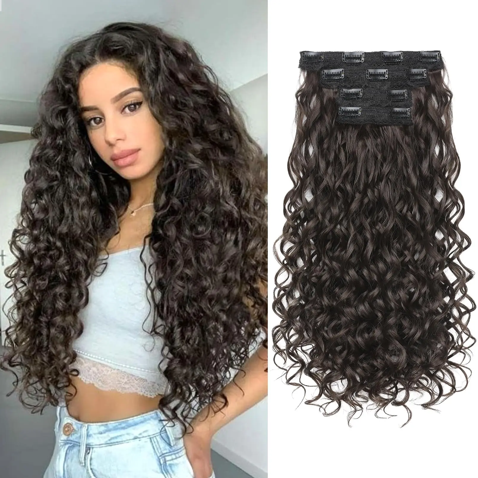 AISI HAIR 4PCS Clip-in Curly Hair Extensions, Natural Lace Weft, Tangle-Free Heat Resistant Fiber, Secure Fit for Women's Everyday & Special Occasions, Clip In Hair Extensions