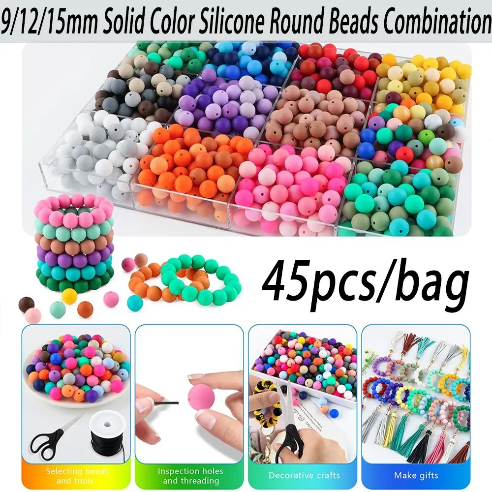 45pcs 9/12/15mm Solid Color Silicone Round Beads Combination Mixed in 5 colors Suitable for Making Beaded pens Bracelets and Phone Lanyards DIY Beads