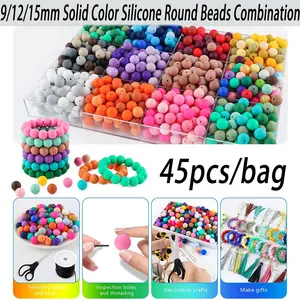45pcs 9/12/15mm Solid Color Silicone Round Beads Combination Mixed in 5 colors Suitable for Making Beaded pens Bracelets and Phone Lanyards