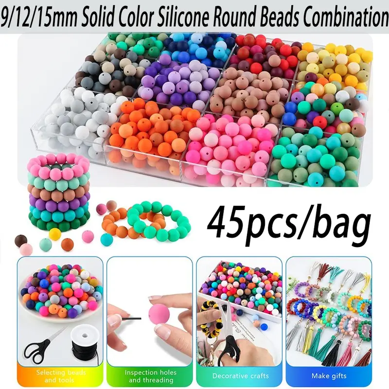 45pcs 9/12/15mm Solid Color Silicone Round Beads Combination Mixed in 5 colors Suitable for Making Beaded pens Bracelets and Phone Lanyards Beading Making