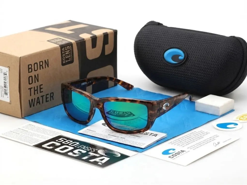 Costa Del Mar Polarized Sunglasses UV400 Tortoise Frame Blue Mirror Lens Full Set Included with Premium Box & Microfiber Cleaning Cloth