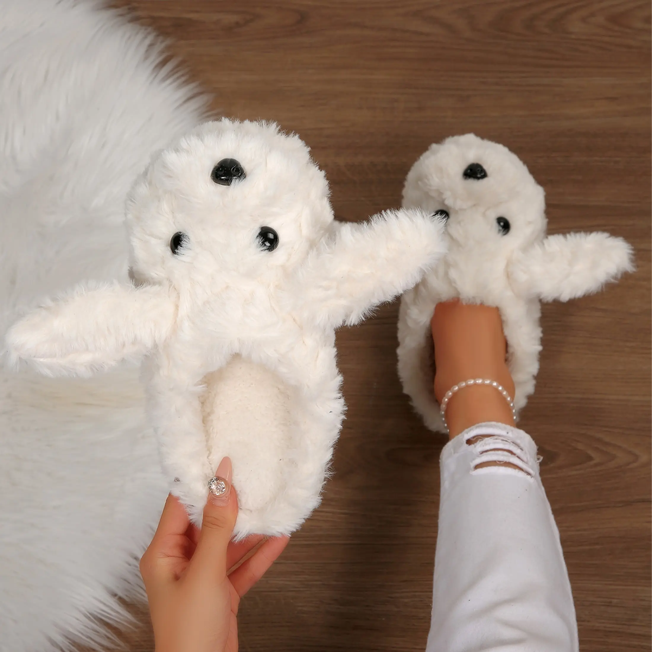 Women's Cute Cartoon Dog Slippers Fleece Plush Slides Winter Warm Anti-Slip Bedroom House Shoes Indoor Outdoor Winter Warm Mini Snow Boots