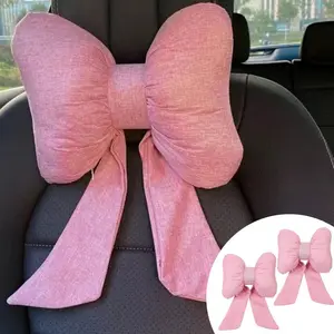 Premium Cute Bow-Shaped Car Interior Neck Pillow - Breathable Cotton Linen Pink Neck Support for Road Trips & Home Car Accessories Breathable Neck Cushion